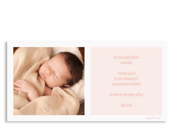 Karte zur Geburt (Postkarte DL, quer), Motiv: Jette/Janik FRESH, Rückseite, Farbversion: apricot