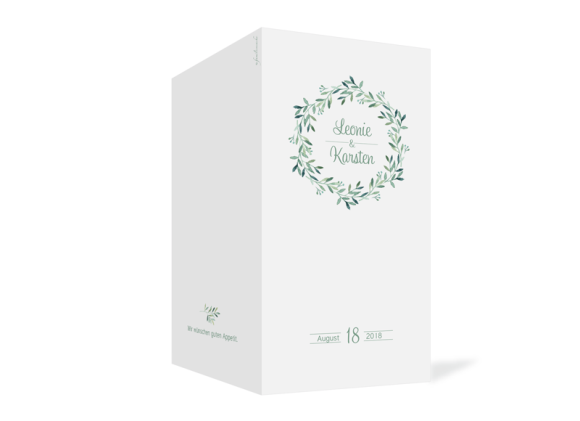 Karten zum Menü zur Hochzeit , Motiv: Blätterkranz, Aussenansicht, Farbvariante: Grün