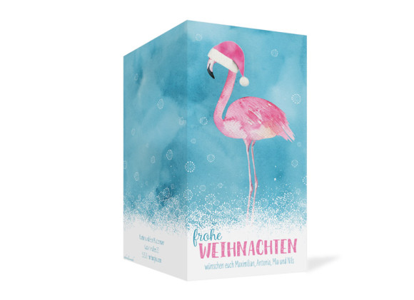 Weihnachtskarte Flamingo, Außenansicht in der Farbvariante: blau